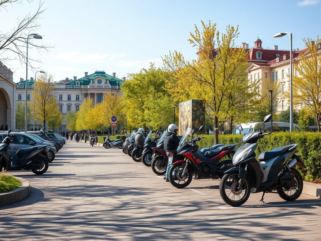На улице с зелеными деревьями припаркованы мотоциклы и скутеры, виден исторический здание на фоне.