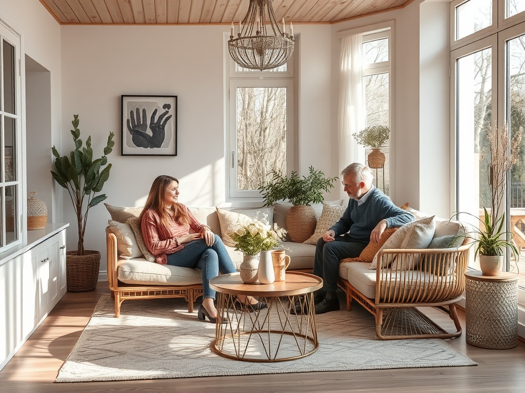Два человека беседуют в светлой гостиной с растениями и уютной мебелью. Атмосфера спокойствия и уюта.