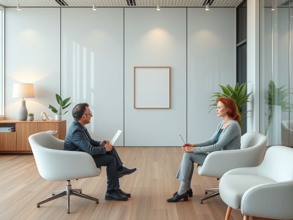 Два человека сидят в офисе: мужчина с документами и женщина, внимательно его слушающая.