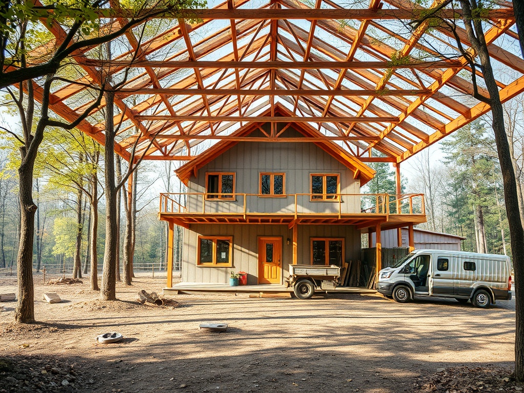 Современный дом с открытой крышей, окружённый деревьями, рядом стоит фургон и прицеп.