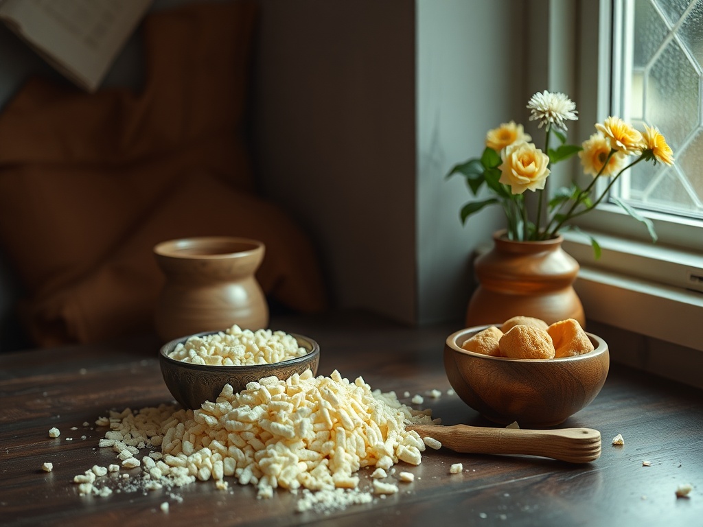 На столе: двое деревянных мисок с сыпучими продуктами и печеньем, рядом цветы в горшке.