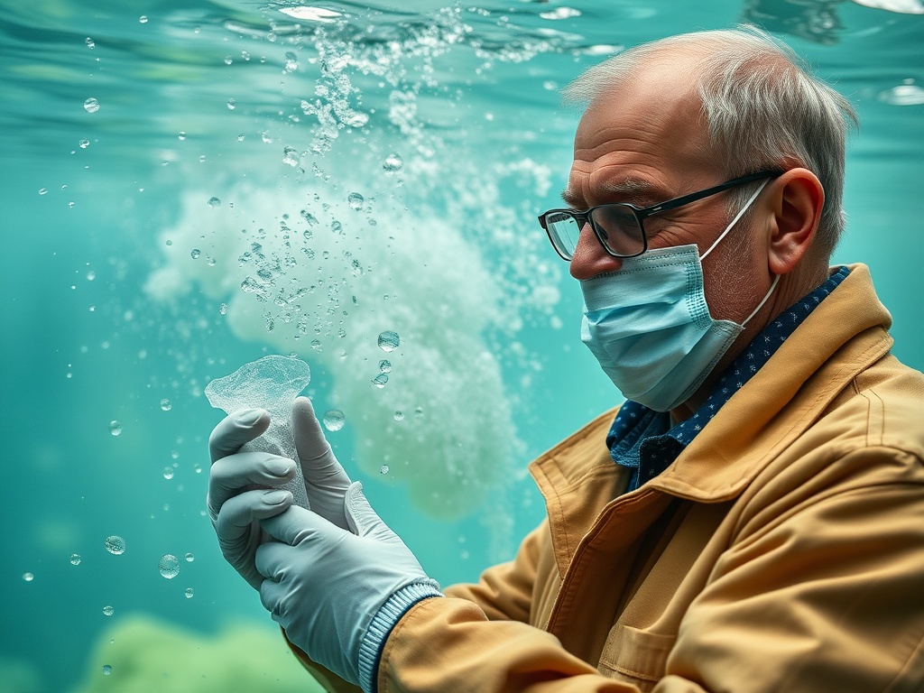 Пожилой человек в маске и перчатках исследует пластик в воде, окружённый пузырьками воздуха.