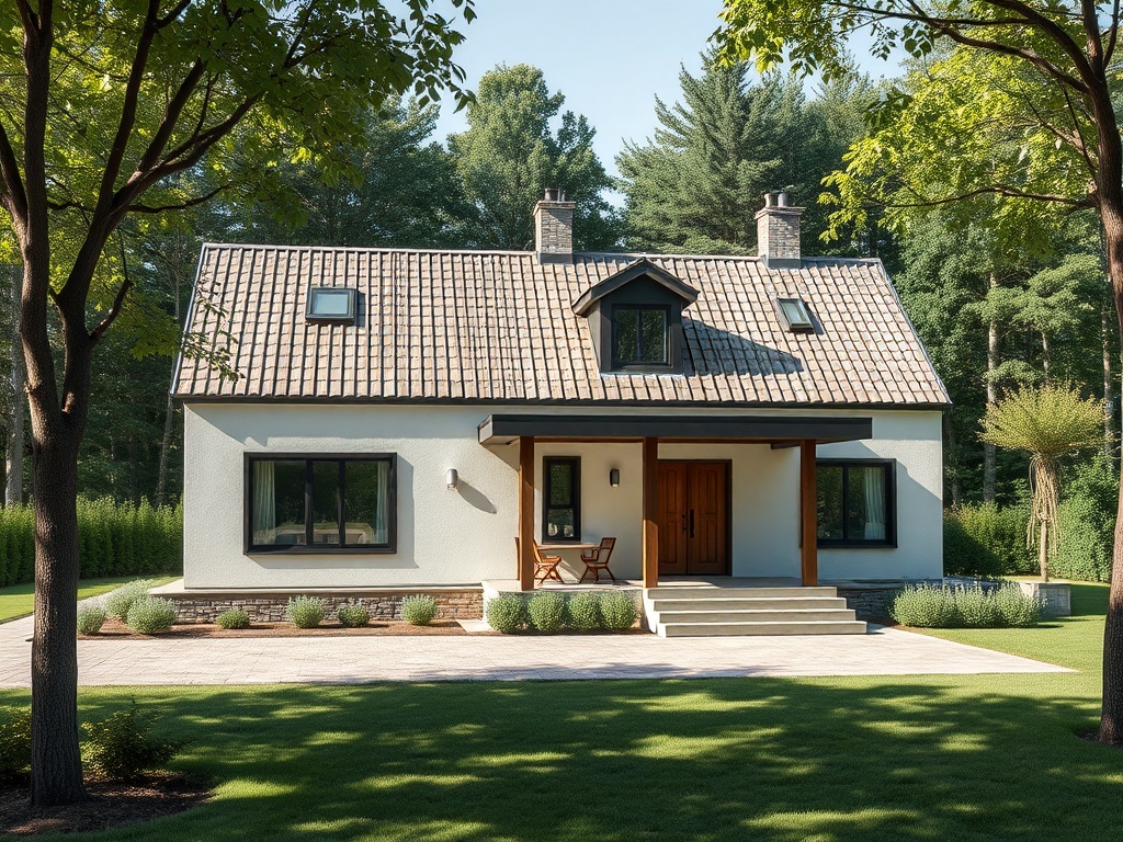 Современный дом с двускатной крышей на фоне зелёного сада и деревьев. Просторная терраса с удобной мебелью.
