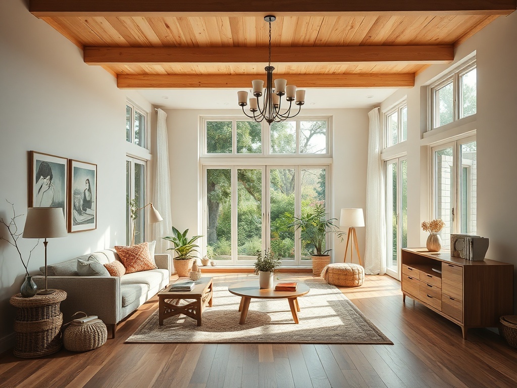 Светлая гостиная с большими окнами, уютной мебелью и зелеными растениями, создающая атмосферу уюта.