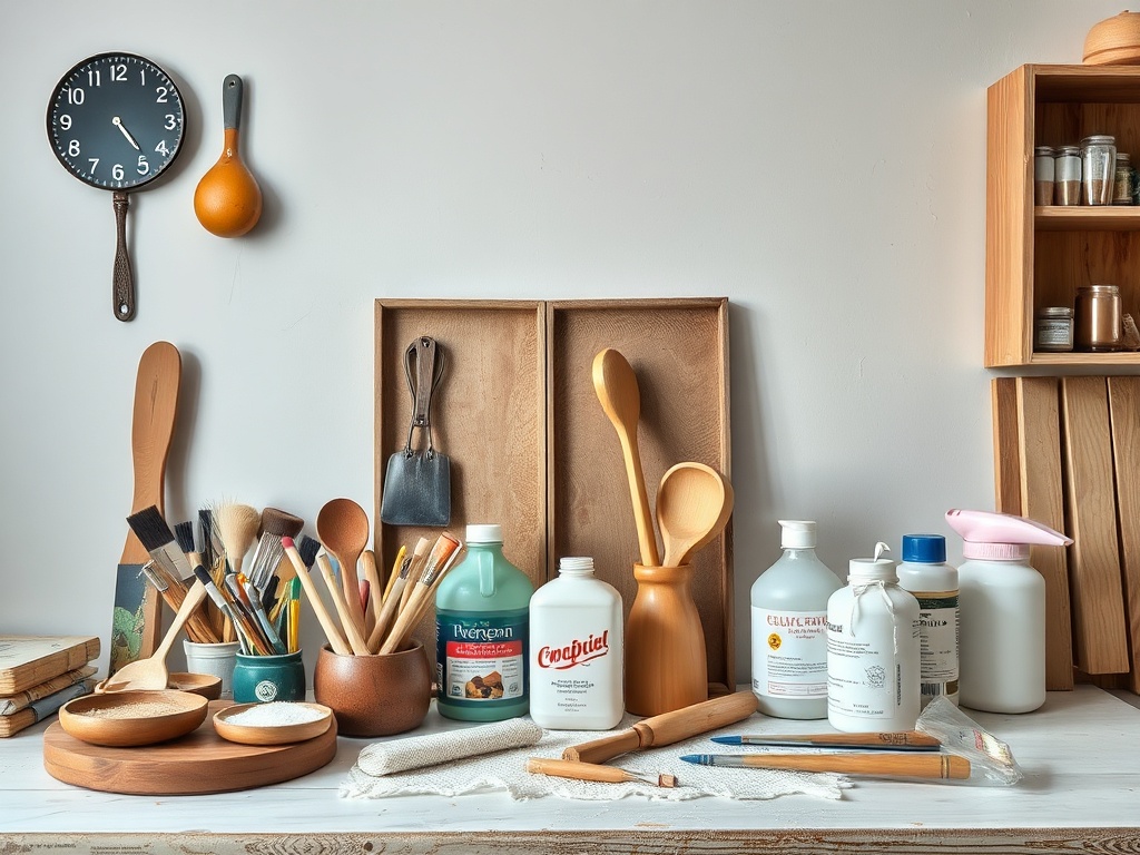 На столе расположены деревянные инструменты, кисти, бутылки с краской и сопутствующие материалы для творчества.