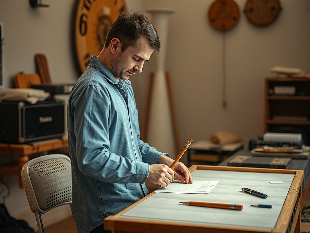 На изображении мужчина, работающий за столом, заполняя документы с ручками и карандашами рядом.