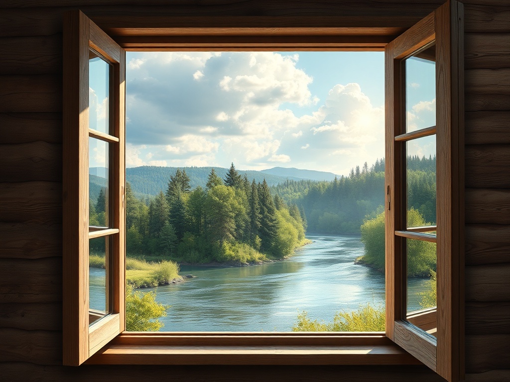 Из окна открывается Вид на реку, зелёные деревья и горы под облачным небом. Спокойствие природы.