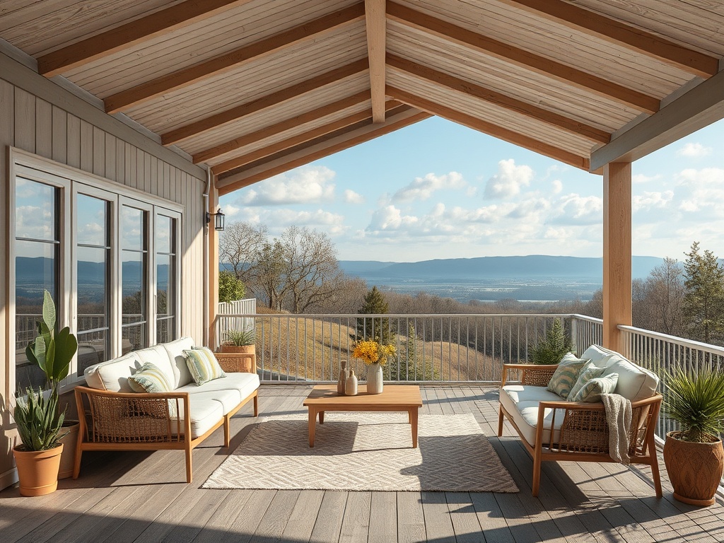 Элегантная терраса с удобной мебелью и зелеными растениями, открывающая вид на живописный пейзаж.