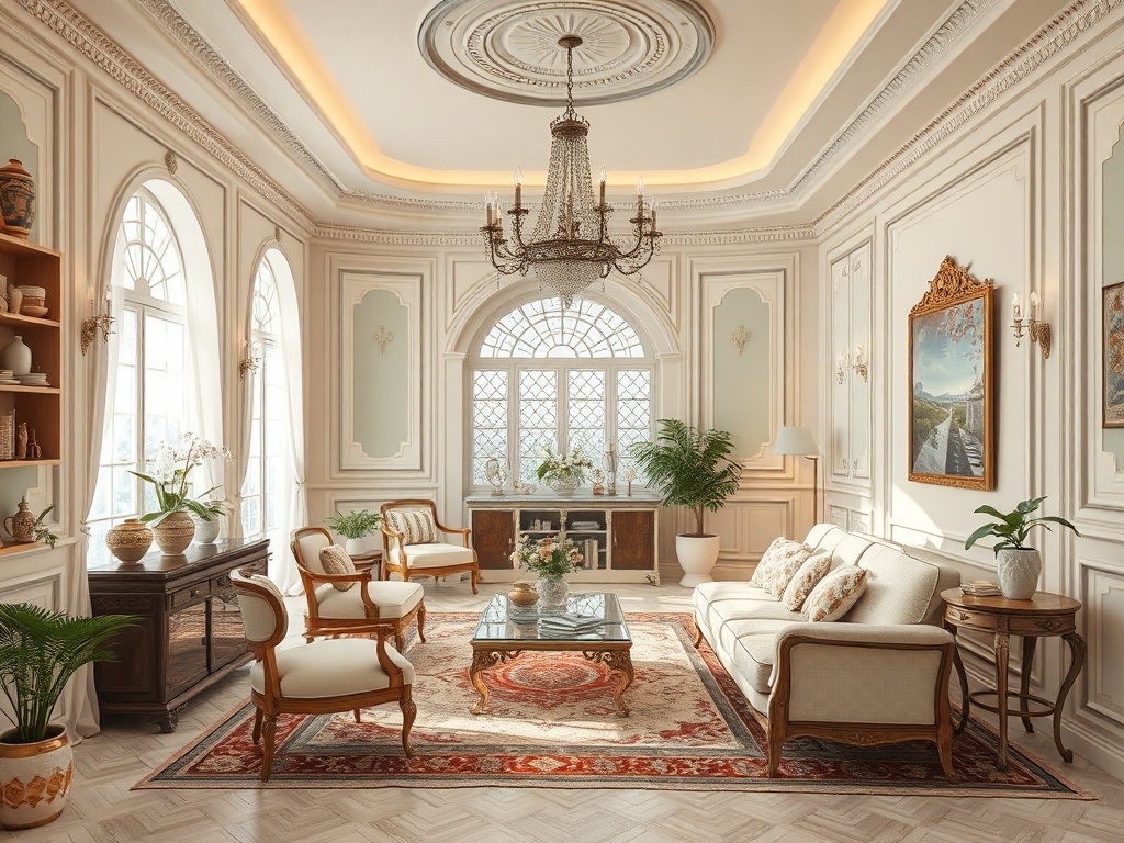 Комнатa в классическом стиле с мягкой мебелью, стеклянным столом и большими окнами, наполнена светом и зеленью.