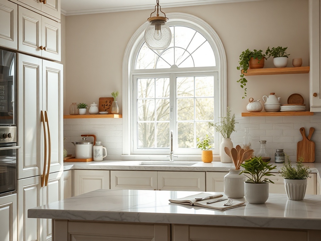 Светлая кухня с окном, растениями, посудой и мраморной столешницей. Уютная и современная атмосфера.