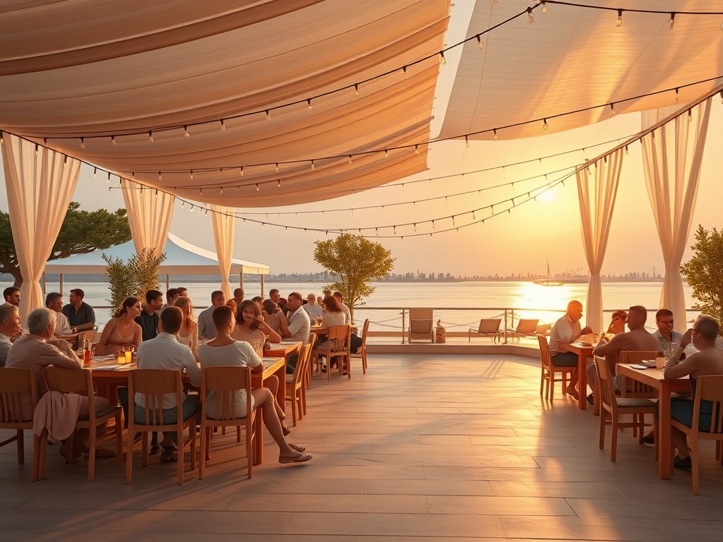Вечерняя атмосфера на террасе ресторана у воды, люди наслаждаются ужином на фоне заката.