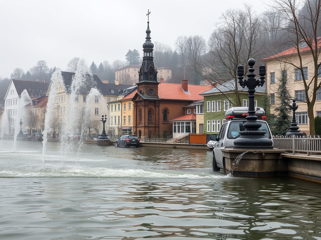 На картине изображен городской пейзаж с фонтанами и домами вдоль воды в облачный день.