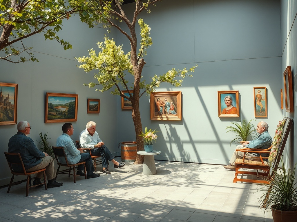 В галерее четыре человека, сидящие вокруг дерева, наслаждаютсяart paintings на стенах. Светлое и спокойное пространство.