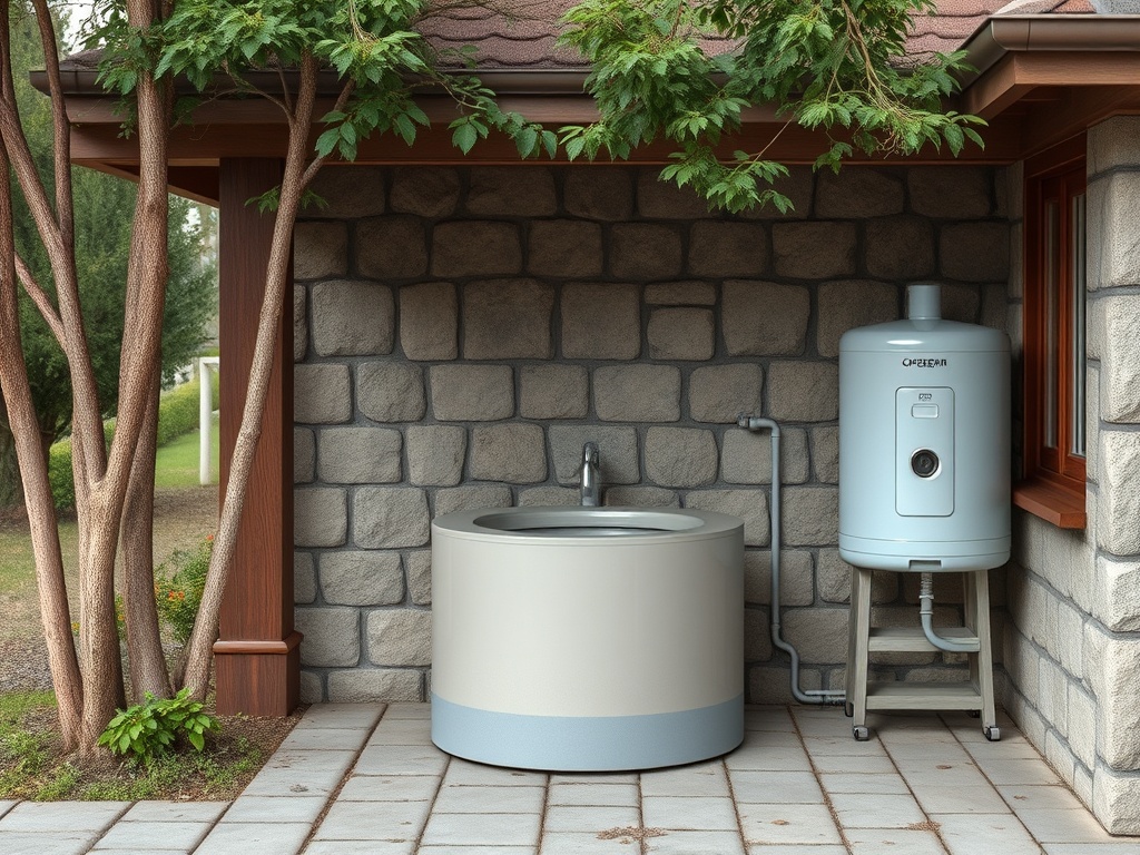 На изображении круглая ванна и бойлер у дома, окруженные деревьями и каменной стеной.