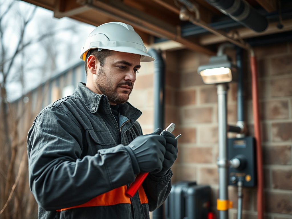 Рабочий в каске и перчатках держит инструменты, работа ведется в помещении с плиткой.