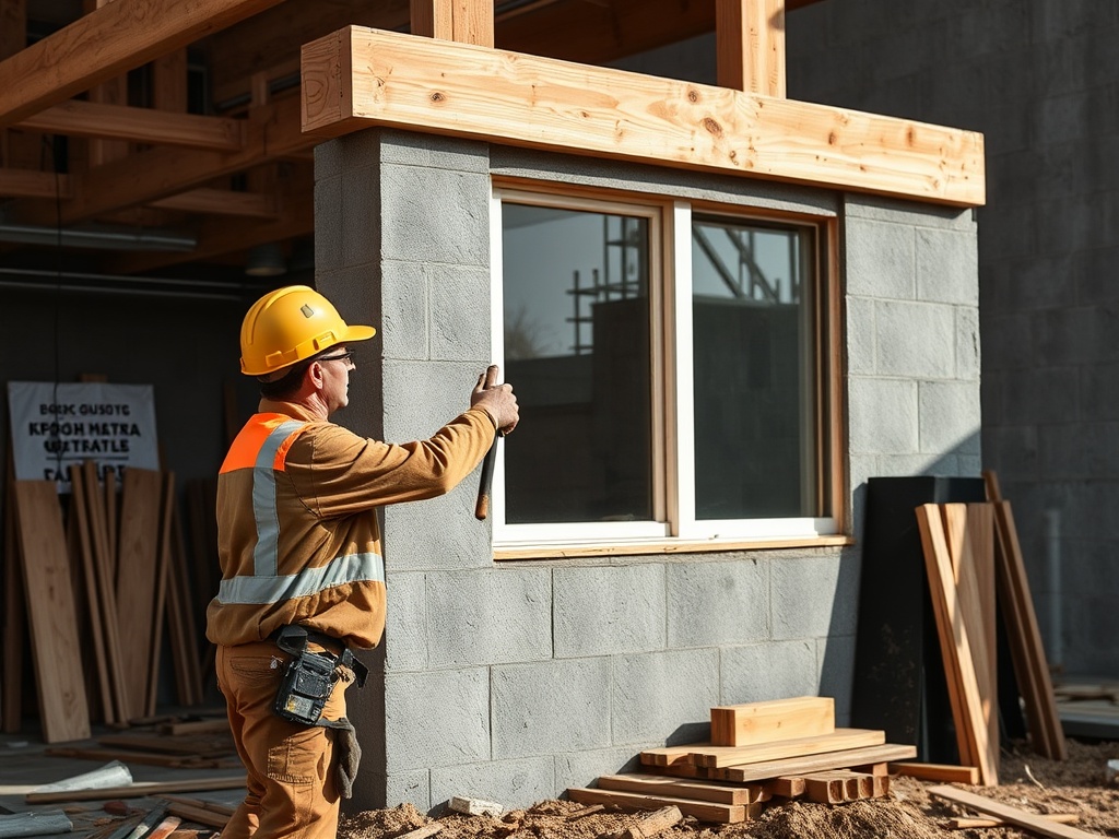 Строитель в каске измеряет размеры окна в процессе строительства. Вокруг много деревянных материалов.