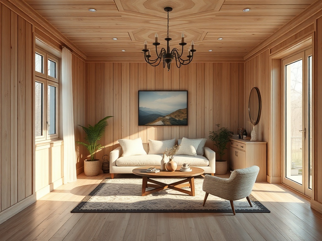 Светлая гостиная с деревянными стенами, креслом, диваном и столом, украшенная растениями и картиной.