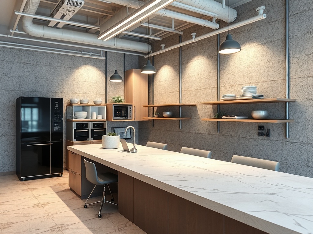 Современная кухня с черным холодильником, столешницей и открытыми полками для посуды. Уютный и стильный интерьер.