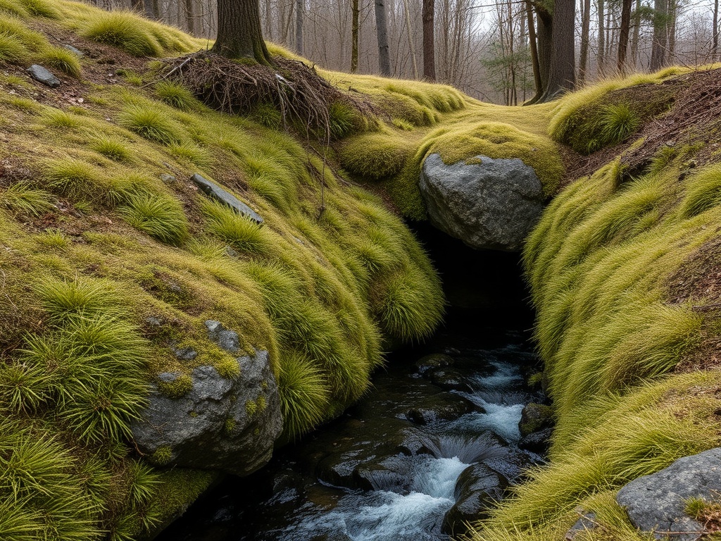 На изображении течет ручей между зелеными склонами, поросшими мягким мхом и камнями в лесу.