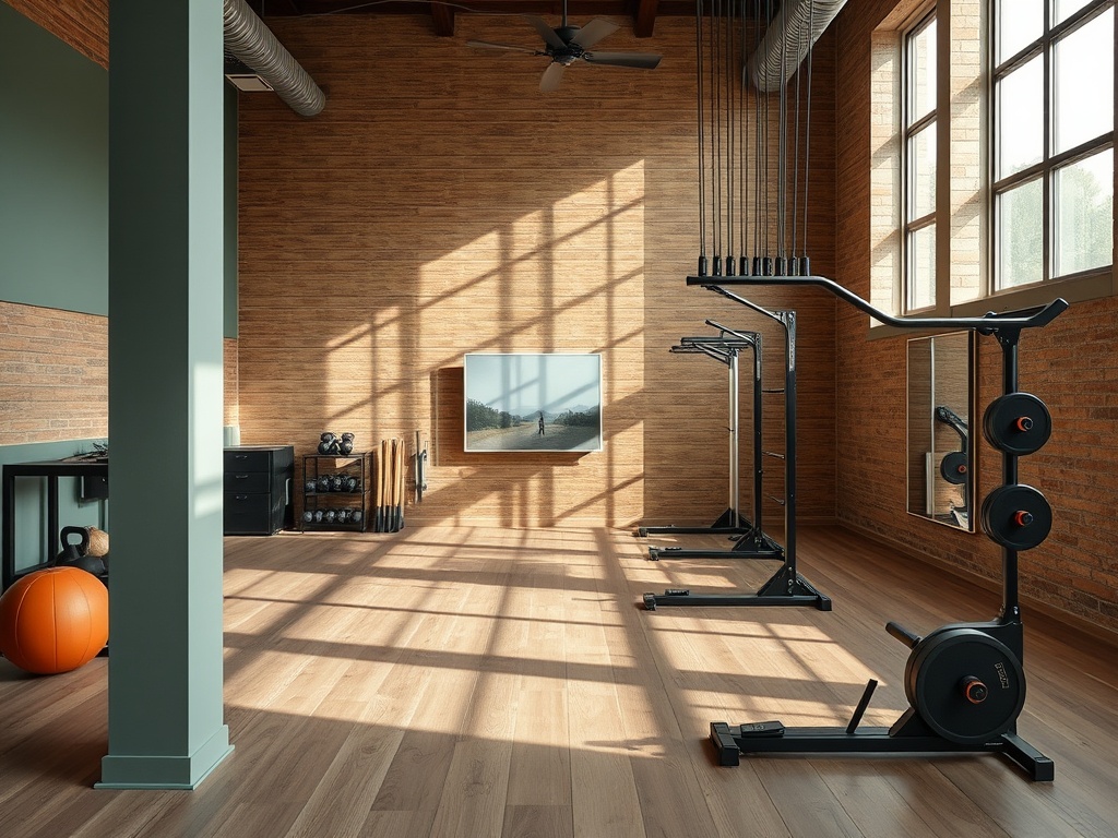 Современный тренажёрный зал с окнами, деревянным полом и спортивным оборудованием.