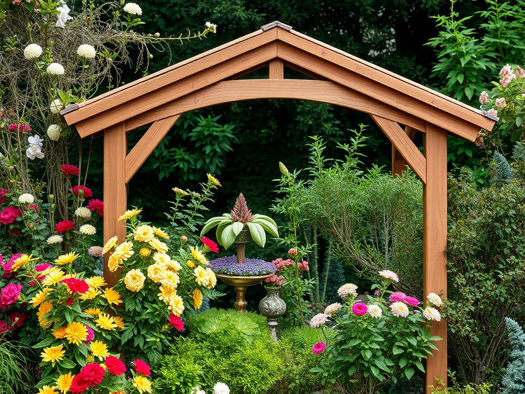 Красивая беседка в саду, окруженная цветами разных сортов и зелеными растениями. Спокойная и красочная атмосфера.