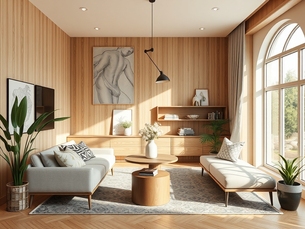 Светлая гостиная с деревянными стенами, мебелью, зелеными растениями и большими окнами, наполняющими комнату светом.