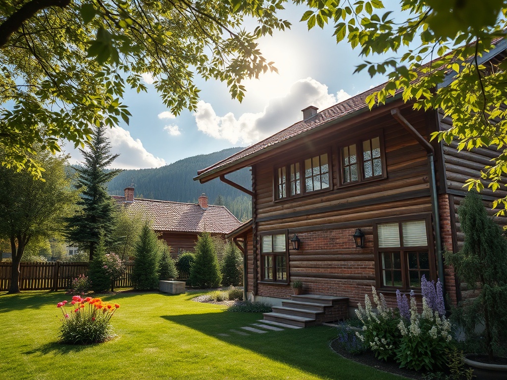 Уютный дом с деревянным фасадом на фоне зелени и солнечного неба, окружённый ухоженным садом.