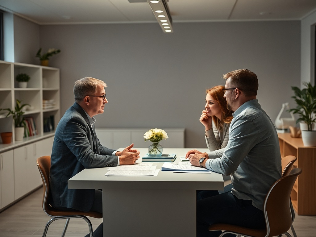 Трое людей ведут обсуждение за столом в современном офисе, на столе стоят документы и цветы.