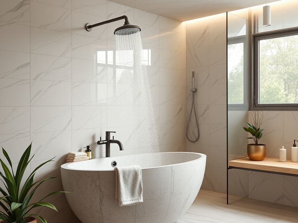 Современная ванная комната с душем, округлой ванной и зелеными растениями на столе. Светлые тона и элегантный дизайн.