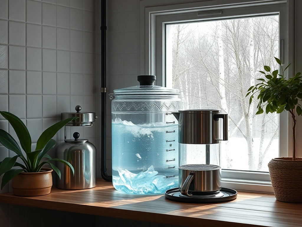 Стильная кухня с большими контейнерами для воды и растениями у окна, снежный пейзаж на улице.