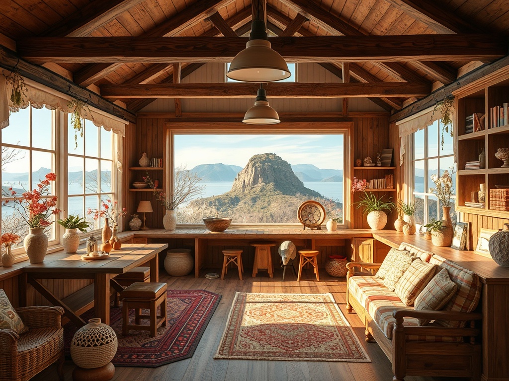 Уютная комната с деревянным интерьером и видом на горы и озеро через большое окно.