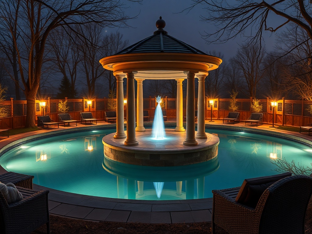 Вечерний бассейн с фонтаном и освещённой беседкой, окружённый деревьями. Спокойная атмосфера.