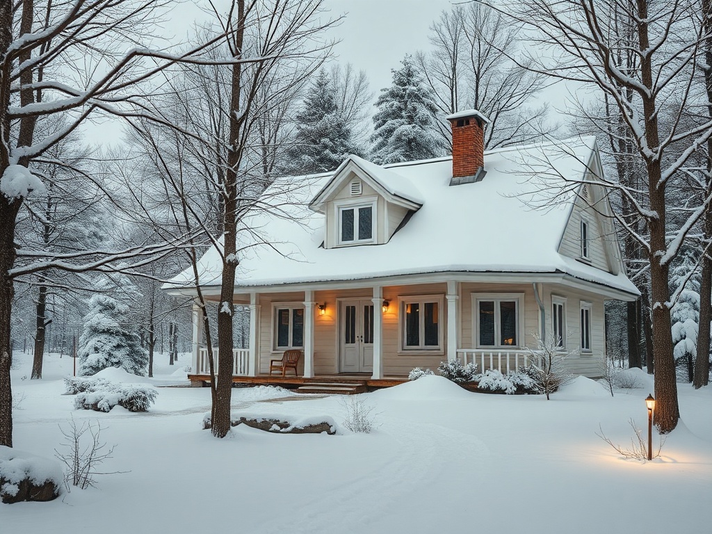 Зимний дом, окружённый снежными деревьями, уютно светится в вечернем свете. Спокойная зимняя атмосфера.