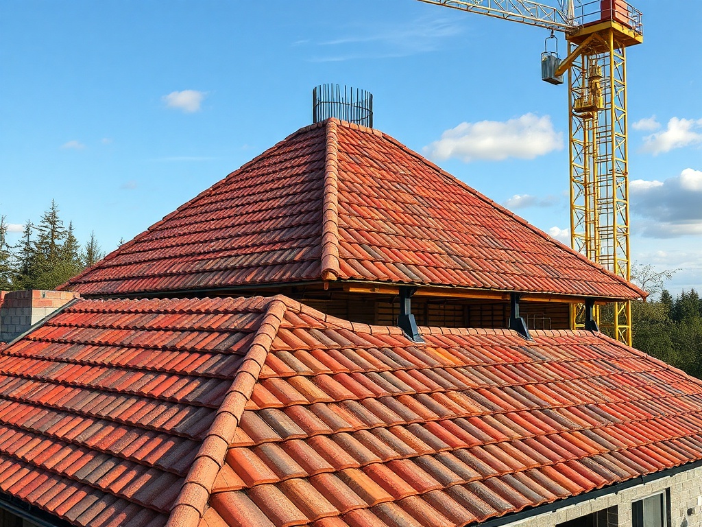 Крыша дома с черепицей, на фоне строительного крана и ясного неба. Зеленые деревья по краям.