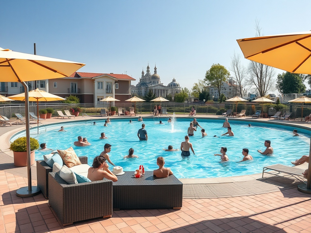 Люди отдыхают у бассейна под солнцем, несколько отдыхающих плавают, вокруг шезлонги и зонтики.