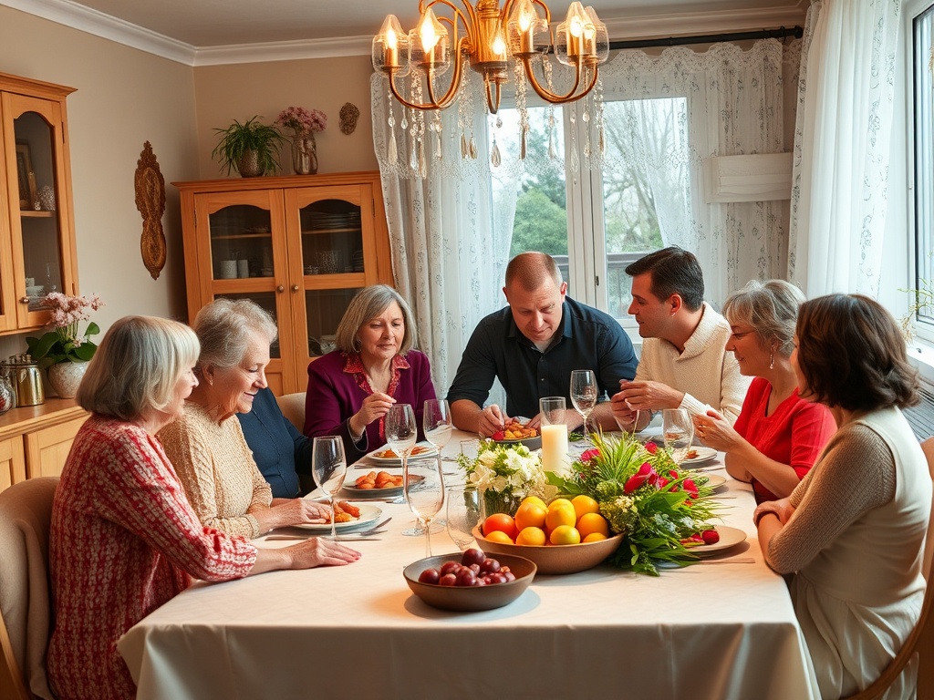 На ужине собрались семь человек, наслаждаясь общением и вкусной едой при уютном освещении.